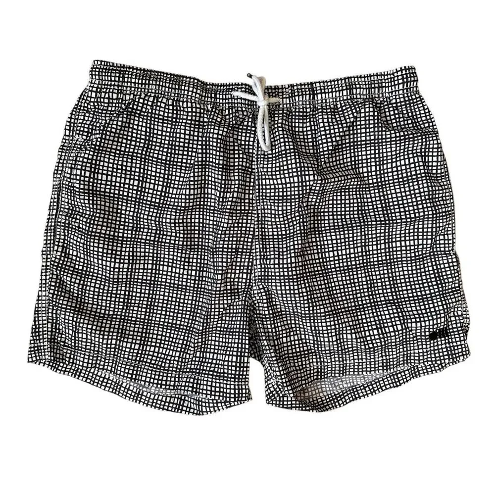 Solid & Striped Men's Swim Trunks in Black & White Grid Print Size Large